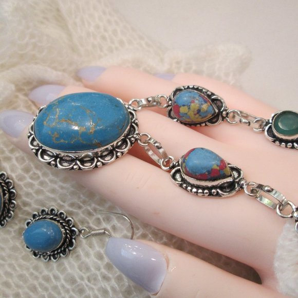 NATURAL TURQUOISE GEMSTONE LADIES UNIQUE NECKLACE EARRING SET - Picture 6 of 9